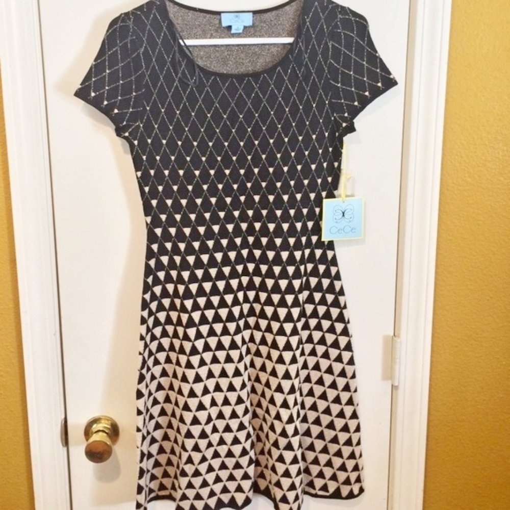 CeCe by Cynthia Steffe women's S small triangle shimmer 1/4 sleeve sweater dress